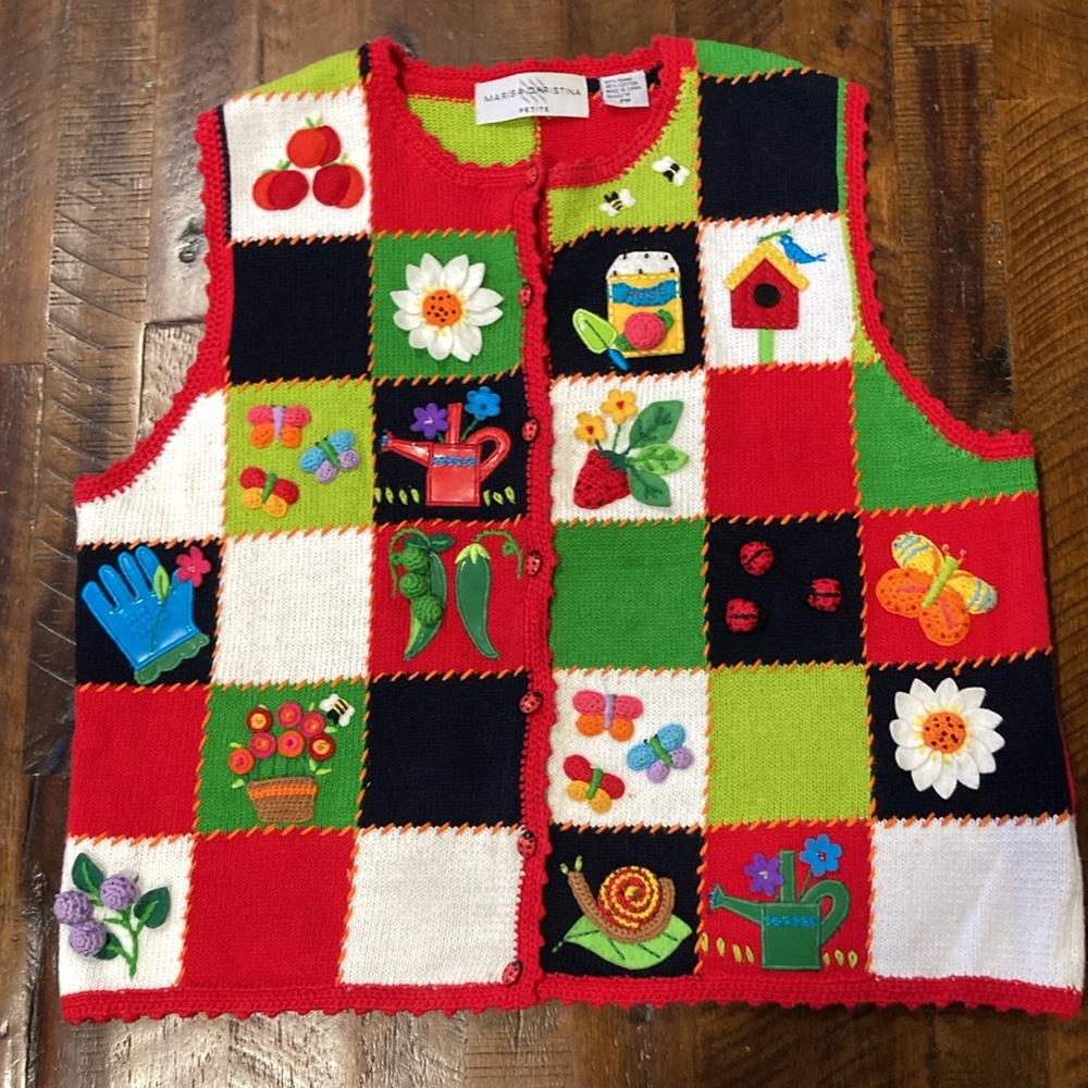 Marisa Christina Patchwork Garden Vest in Red, Green, Black, White